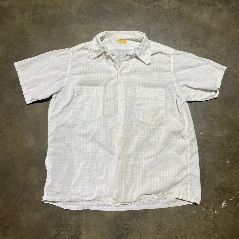 Vintage 40s White Check Pattern Cotton Button Up Shirt